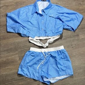 SHEIN Blue & White Striped Cropped Shirt and Drawstring Shorts Set